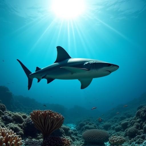 Reef shark gliding over coral reef in clear tropical waters. Sunlight penetrates the surface creating streaks of light on its gray dorsal fin. Small fish swim in the background. Tiny barnacles texture the shark's skin. Include elements of underwater photography, blue tone, natural motion blur.