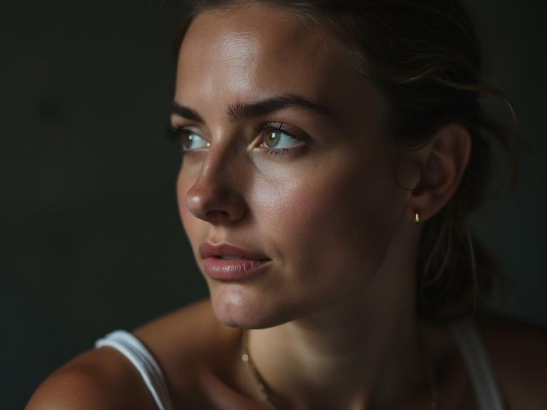 Close-up portrait of a woman in contemplation. Features soft, natural lighting that highlights her face. Expressive eyes and relaxed expression suggest introspection. Profile view showcasing facial features and skin tone.