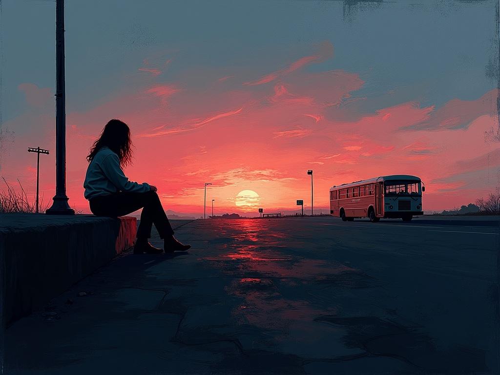 Minimalist digital oil painting depicts silhouette of a person sitting on a curb at a deserted bus stop. The scene captures a pink and blue sunrise creating a tranquil atmosphere with dynamic brush strokes and abstract elements. The background is black, emphasizing the emerging light.