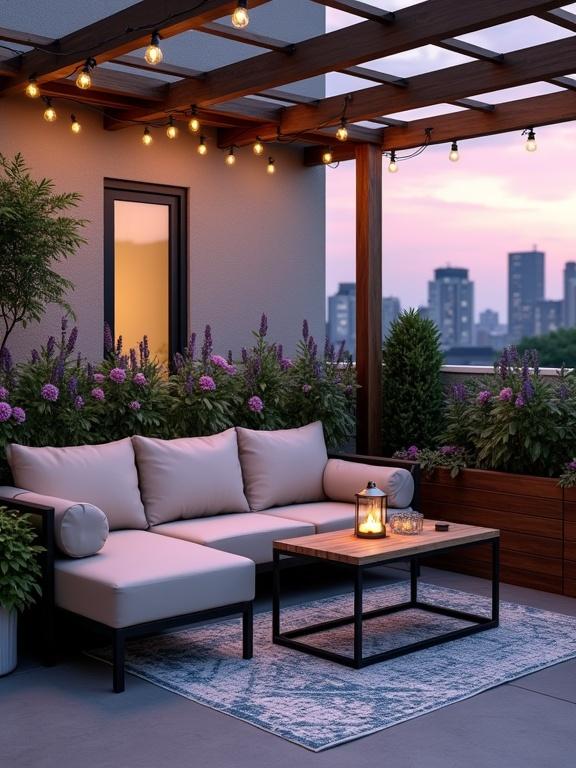 An outdoor patio corner with a modern lounge setting featuring a sectional sofa and armchair. A coffee table with a wooden top, a lantern glowing on top. The pergola with string lights creates a warm ambiance with an urban skyline backdrop at twilight. Vivid flowers surround the space and a soft geometric rug underfoot for added comfort.