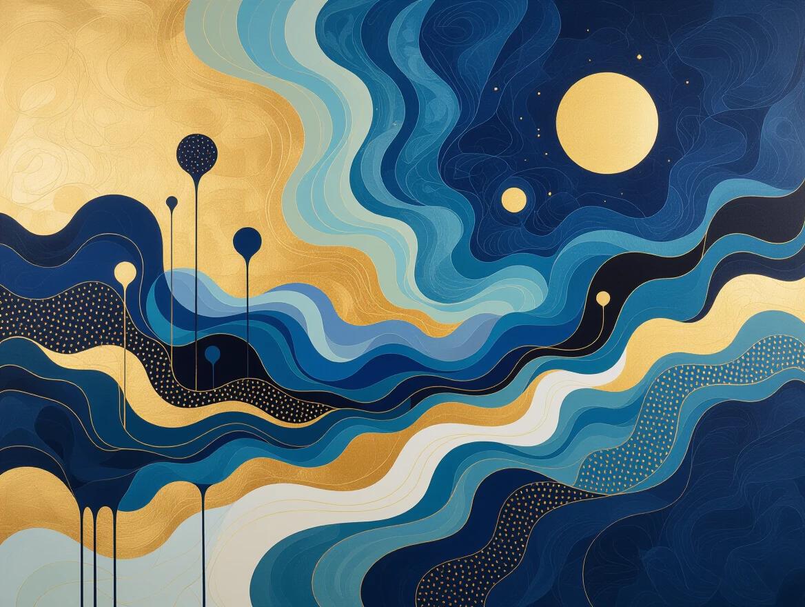 Abstract surrealist landscape featuring flowing ink-drip tendrils in the foreground. Painterly gouache textures in the midground with bold and matte color blocks. Radiant gold leaf patterns in the background depicting celestial forms against indigo. Rich interplay of texture and tone.