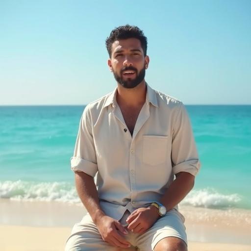 Highly realistic photo of a real estate consultant by the beach in North Coast Egypt. Wearing a stylish summer outfit. Talking confidently as if filming about real estate. Bright sunny day with clear blue sea. Cinematic lighting and natural colors.