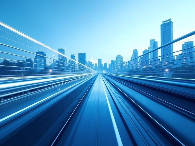 Abstract image featuring motion lines in blue and white colors with a railway leading into a cityscape. The image creates a sense of depth and speed, showcasing an urban environment in a creative manner.