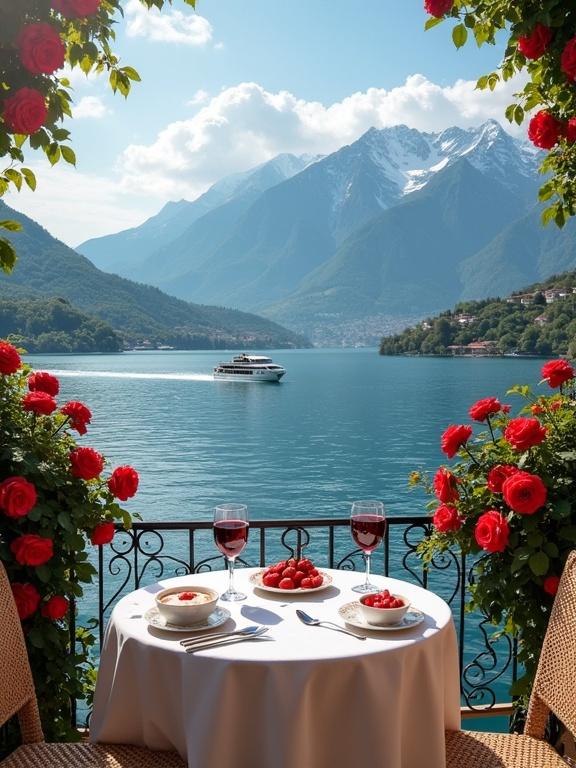 An elegant and romantic lakeside dining scene features a round table with a white tablecloth and wicker chairs. The balcony overlooks calm blue waters with a cruise boat. The table has red wine glasses, strawberries, and a dessert. Red roses frame the scene. Snow-capped mountains and a blue sky in the background create a picturesque setting.