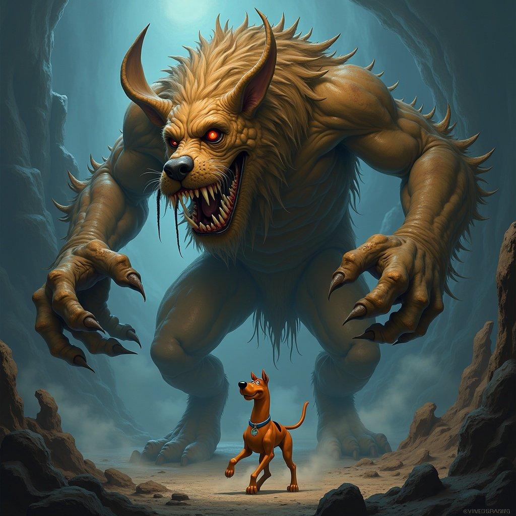 A monstrous hybrid creature emerges in dark landscape. Colossal figure fuses cartoon charm with canine strength. Grotesque body with matted fur and sinew. Eyes gleam with malevolence. Floppy ears transformed into ominous appendages. Jagged teeth ready for attack. Massive muscular build exuding terror. Background shrouded in mist and shadow. Creature embodies fear and horror.