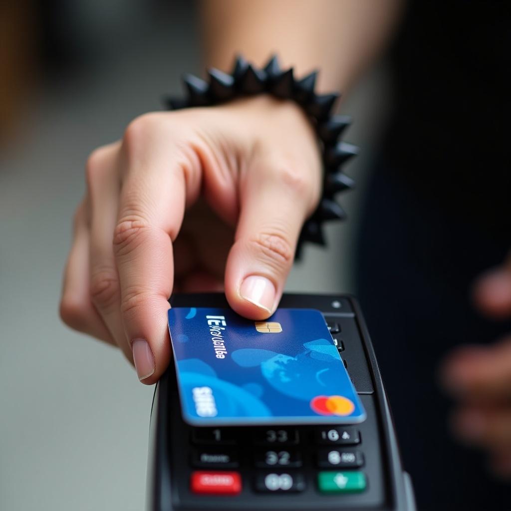 The image showcases a close-up view of a person making a contactless payment using a credit card. The hand, adorned with a striking black spiked bracelet, hovers over a payment machine. The credit card is prominently displayed, featuring a deep blue design identifiable as Visa. The background remains unobtrusive to emphasize the transaction taking place. Bright lighting illuminates the scene, ensuring clear visibility of the card's details.