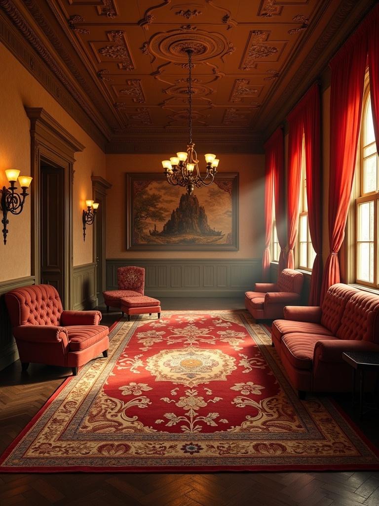 A luxurious room with elegant furnishings. Features rich red drapes and a red patterned carpet. Contains a chandelier and warm lighting. There are vintage-style sofas and armchairs arranged around the room. Ornate wall moldings and a large painting in the background. Ideal for formal gatherings or events.