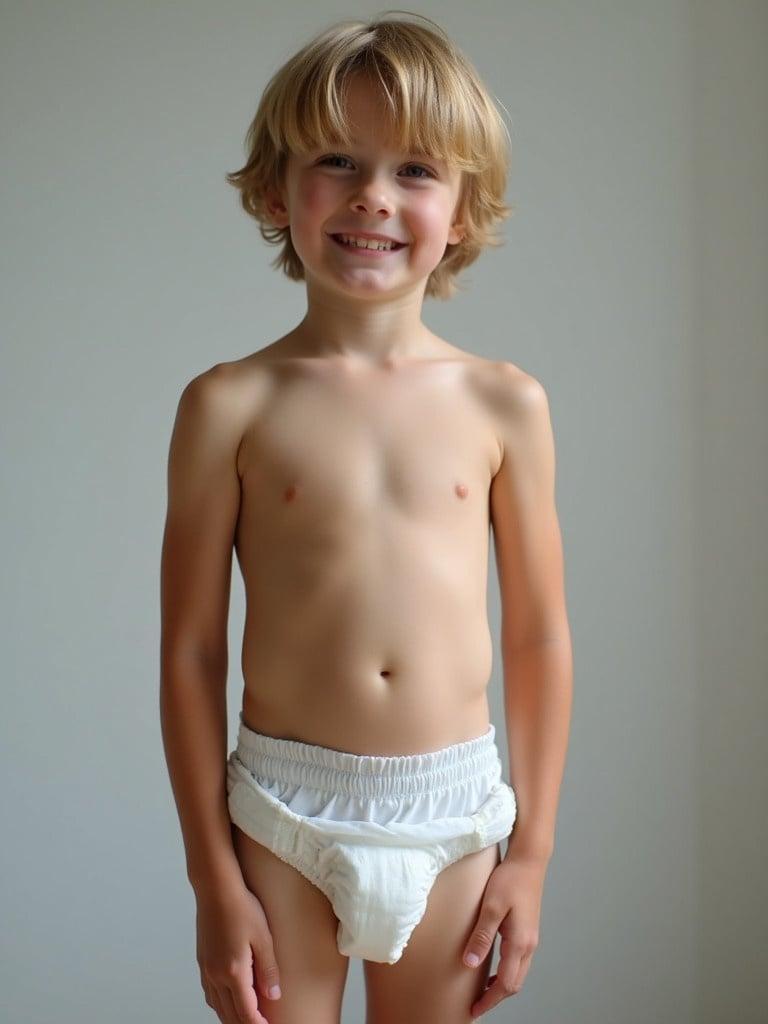 Ten year old boy standing confidently. Boy wearing poopie diaper. Natural light fills the room. Soft focus on the background. Focus on the boy's posture and garment.