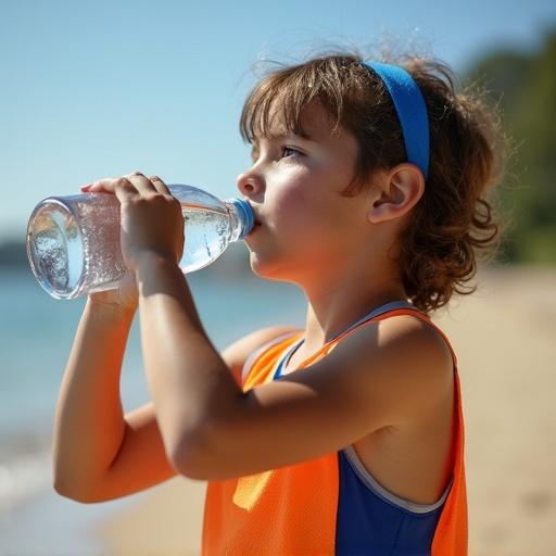 Image of a child drinking water on the beach during a summer sports activity. The child is wearing an orange sports jersey and a blue headband. Natural setting with sunlight and ocean in the background.