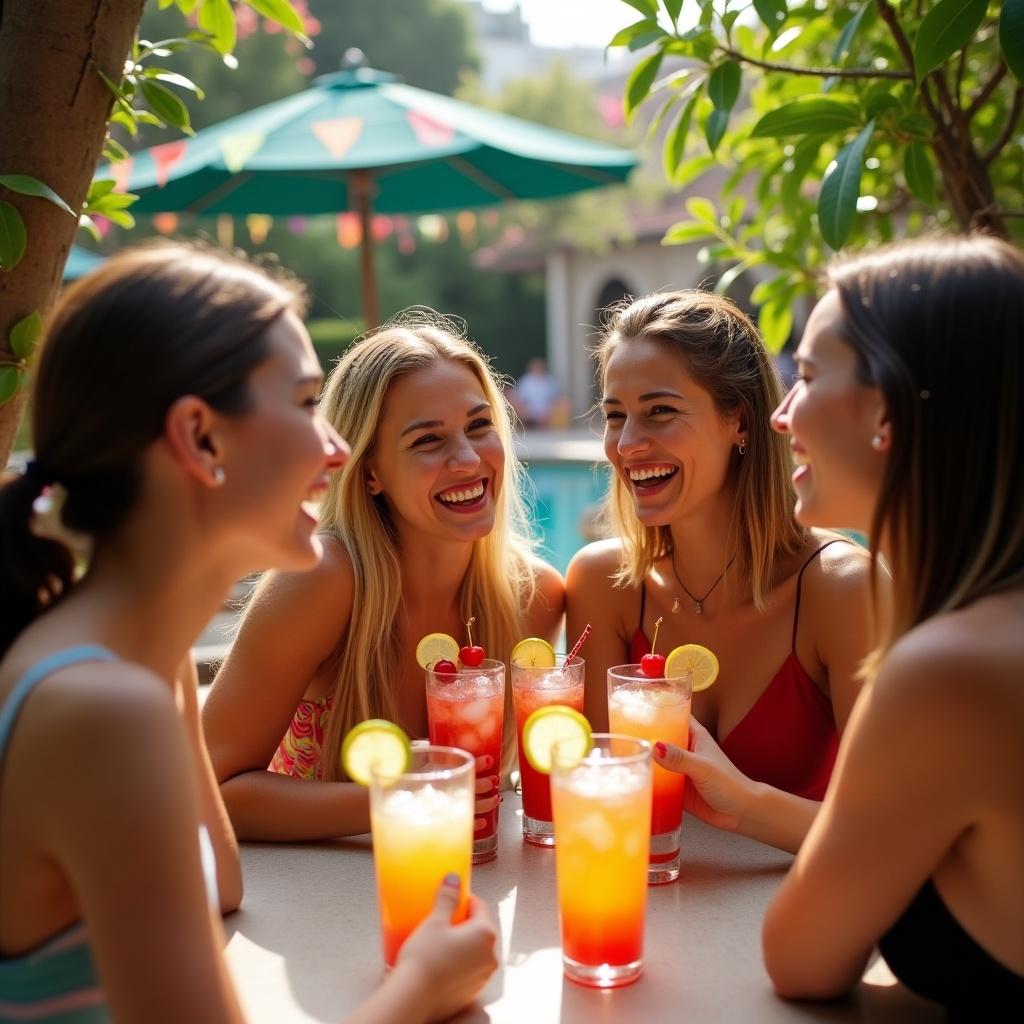 Group of young women enjoying cocktails with lime slices at an outdoor gathering. Bright summer ambiance surrounding them.