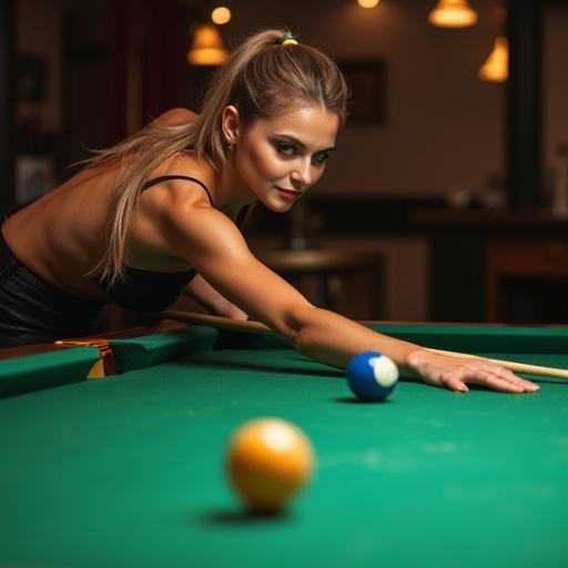 A transgender woman plays billiards at a pub and is positioned at the side. Visible are her legs and a pool table with colored balls.