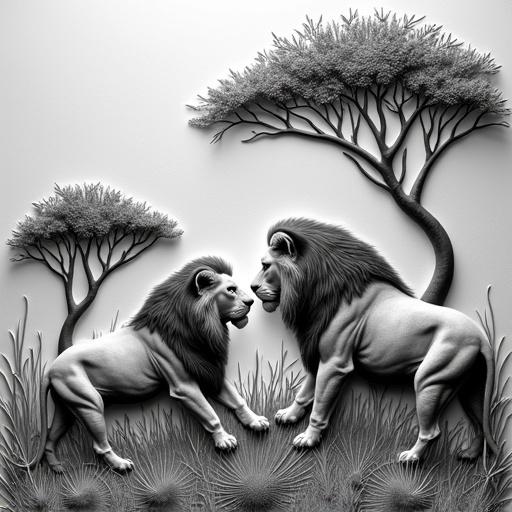 3d embossed design featuring African animals. Two lions depicted in a fighting posture. Black and white color scheme. Background includes stylized trees. Illustrates the essence of wildlife.