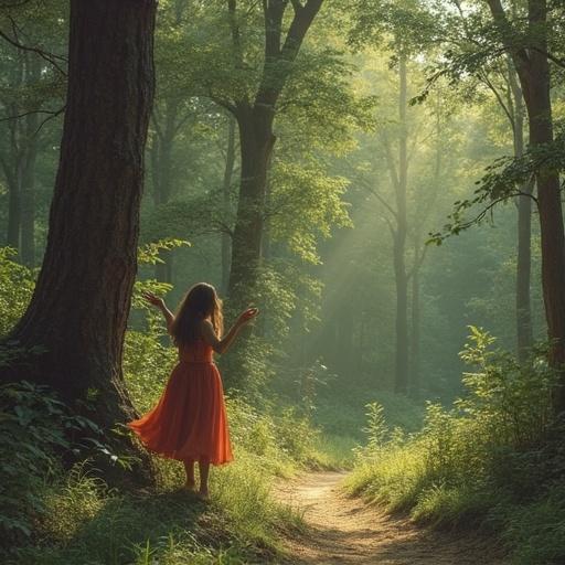 A girl in a red dress standing on a path amidst a lush green forest. Soft light filtering through the trees. Evokes a sense of happiness and choice.