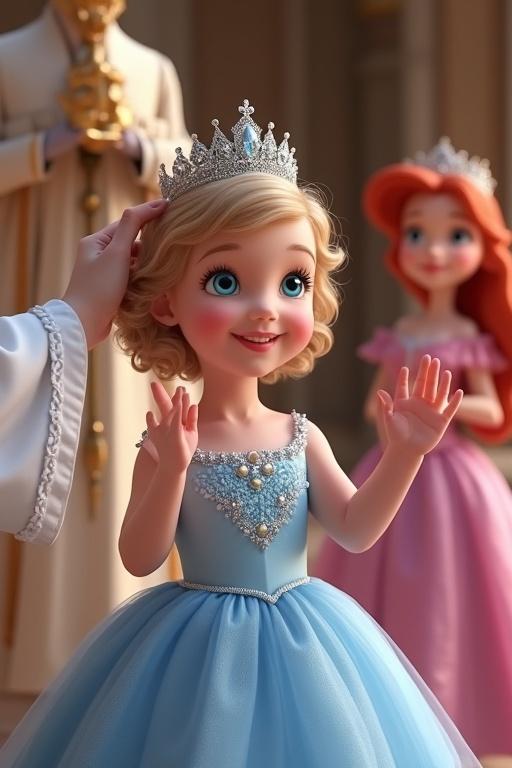 A toddler girl with curly dark blonde hair is a princess at her coronation. She wears a sky blue dress with a silver crown being placed on her head. She smiles and waves. Aurora appears in pink in the background.