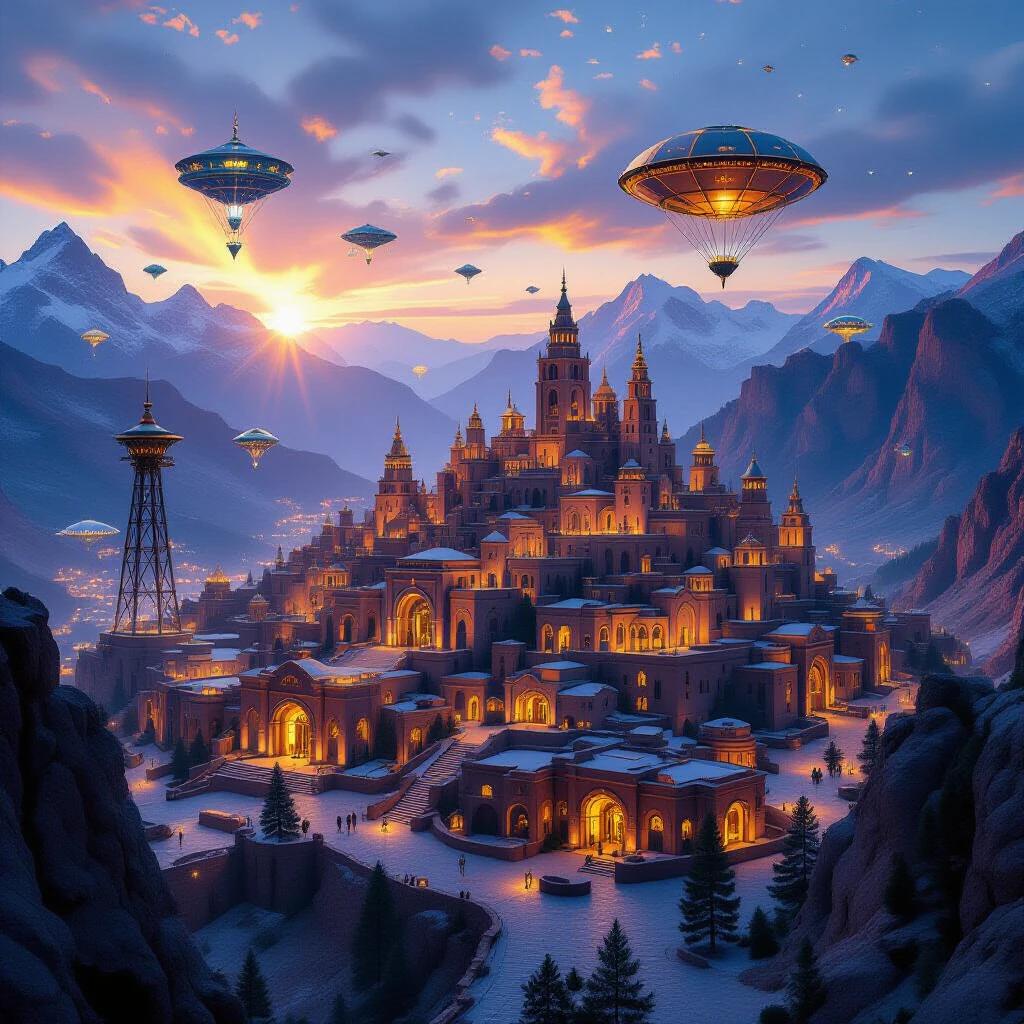 Close drone shot of a mystical society capital city in the mountains at dawn. Gorgeous architecture includes 3D-printed structures, rod iron towers, stone buildings, Pueblo Revival, and Fachwerkhäuser. Sparse alien technology with mystical-looking blimps, hot air balloons, and flying caravans in a magical nebula.