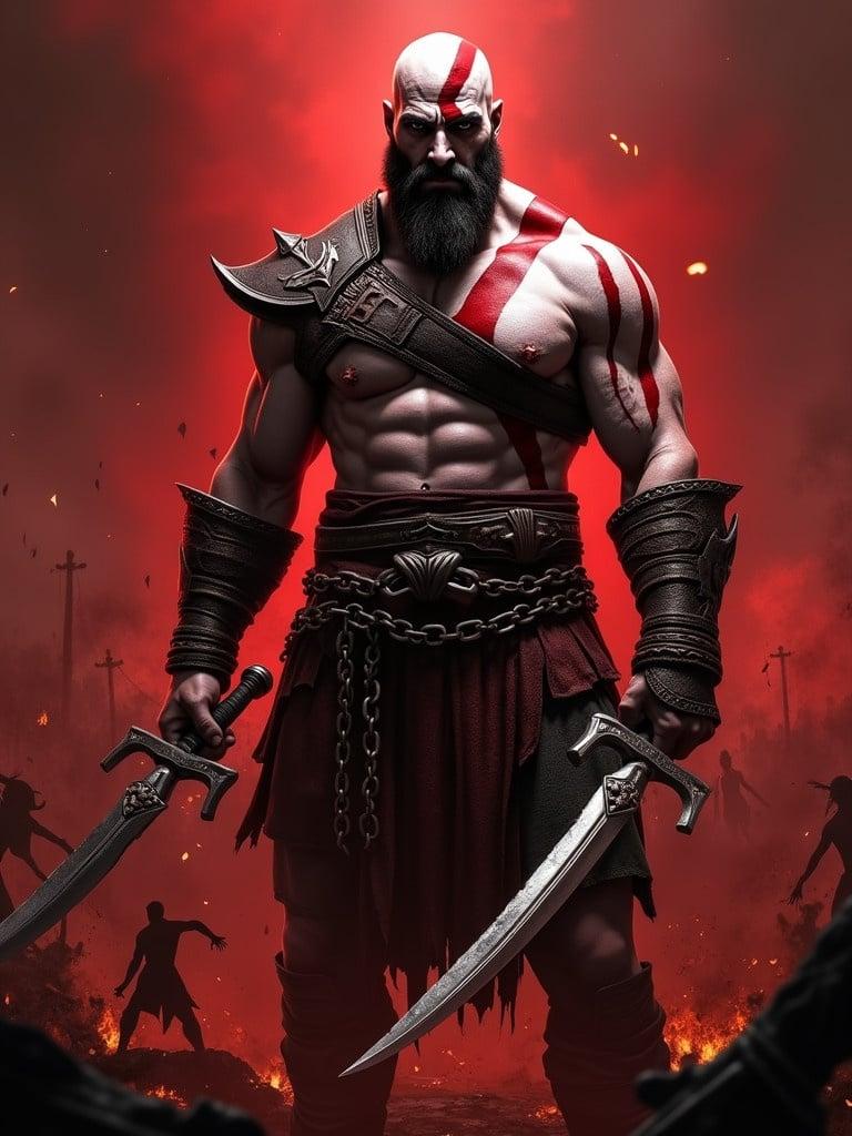 Kratos from God of War stands facing the viewer. Muscular build with pale skin and distinctive red tattoo. Holds the Blades of Chaos in one hand with chains partially extended. Background features chaotic war environment filled with shadows of fighting warriors. Dark red tones dominate to signify urgency and bloodshed. Surroundings include hints of fire and smoke. Lighting is dim with dramatic flickers.