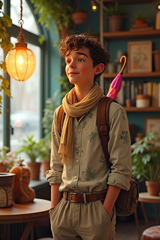 A young man with soft features is standing in a cozy vintage-style café. He has on a patterned shirt and loose canvas pants. A light scarf is around his neck. He looks thoughtful and carries a sketchbook. The café has hanging plants and bookshelves, giving a warm atmosphere.