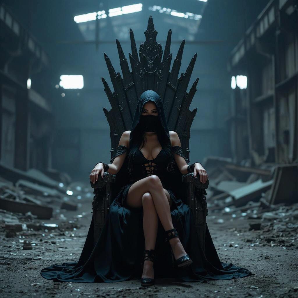Portrait at night in a dark crumbling warehouse. Impressive throne occupies center. A masked figure sits confidently. Dark and moody atmosphere enhances the scene.