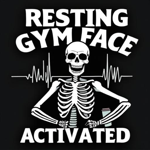 Bold design reads RESTING GYM FACE ACTIVATED with a cartoonish skeleton holding a coffee mug. White heartbeat line and dumbbell in a minimalist style. Appeals to fitness enthusiasts with humor. Ideal for gym tees and gifts for serious lifters.