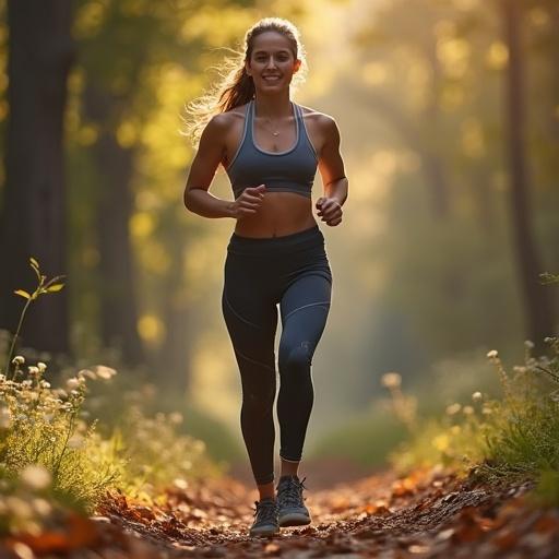 Woman jogging in a forest path. Dressed in athletic leggings and a sports top. Smiling and facing the camera. Sunlight filtering through trees.