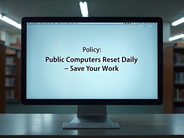 Minimalist photo showcases modern library screen displaying policy reminder about public computers resetting daily. The message urges users to save their work.