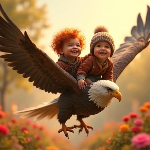 Joyful toddlers riding a flying eagle. One has wild red hair and the other wears a beanie. They exhibit wonder in a colorful garden. Cinematic lighting and soft sunlight enhance the whimsical atmosphere.