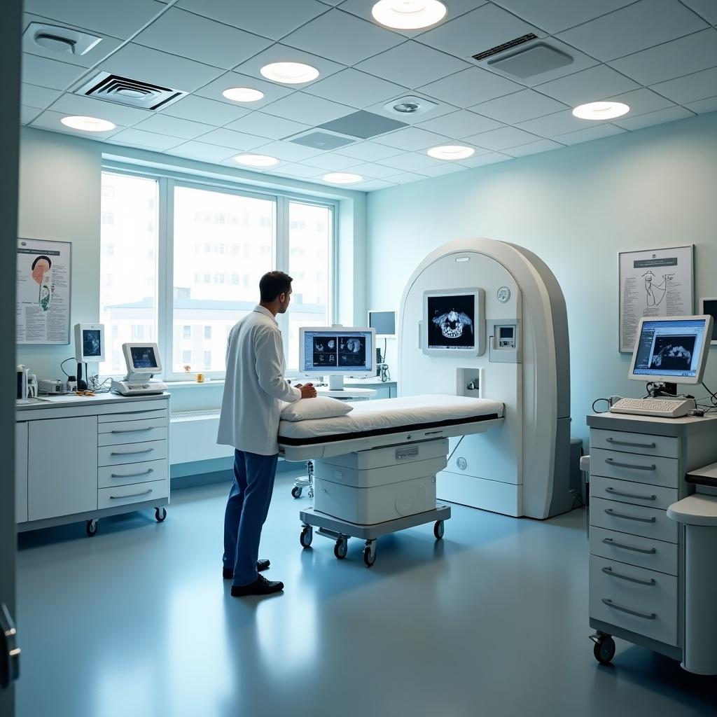 This image depicts a modern radiology department, showcasing advanced medical imaging equipment. A medical professional is intently examining images on the screen, likely related to a patient's diagnosis. The room is well-lit, with a clean and organized environment typical of healthcare facilities. There are various monitors displaying medical images, highlighting the importance of technology in diagnostics. The overall atmosphere reflects a commitment to patient care and advanced medical practices.