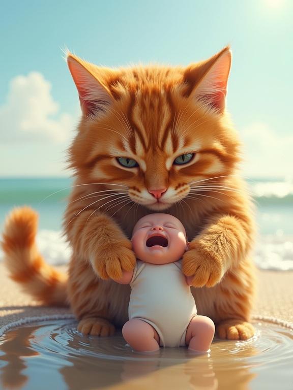 A giant fluffy orange tabby cat gently picks up a small crying baby from a puddle at the beach. The cat appears caring and determined. The background shows a sandy beach and the ocean under the bright sun.