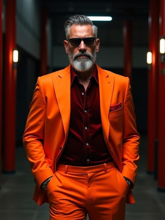 Full body portrait of a stylish man in his fifties. Confidently wearing a bright orange suit with a dark red velvet shirt. Hands in pockets. Slicked-back hair and mustache complement the modern look. Dramatic lighting enhances the urban setting's vibe. Background features red and black metallic elements, evoking a contemporary, chic atmosphere.