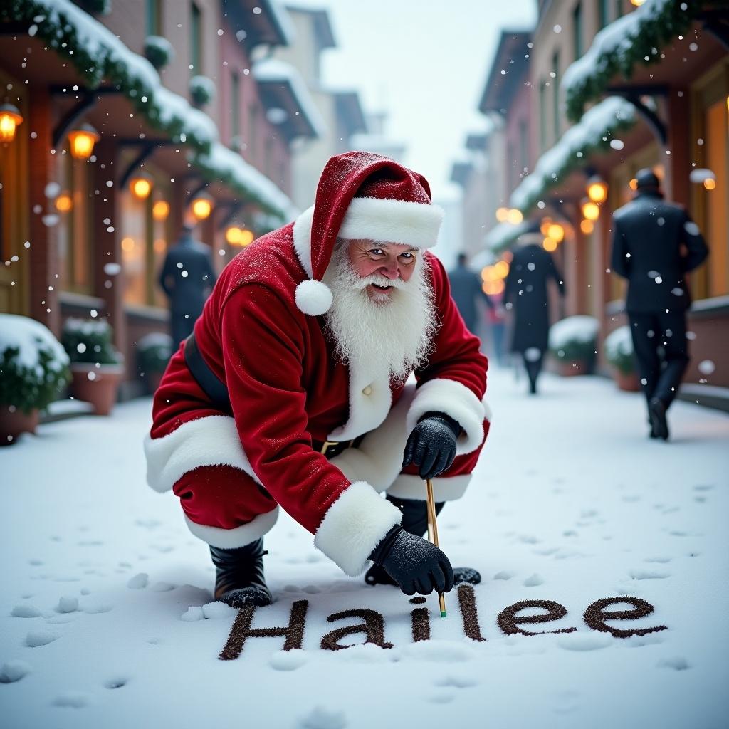 Santa Claus writes Hailee in snow with a stick. Traditional red and white attire is worn with a black belt and boots. Snowy street is framed by charming buildings. Winter light creates a warm glow. Scene conveys cheerfulness for holiday season.