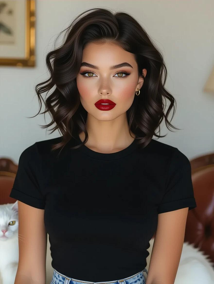 Photorealistic image of a woman with dark curls and cat-eye makeup. She is wearing a plain black fitted t-shirt. The vintage living room is in the background. A white cat is lounging behind. The shot is from just above the knees with soft lighting.