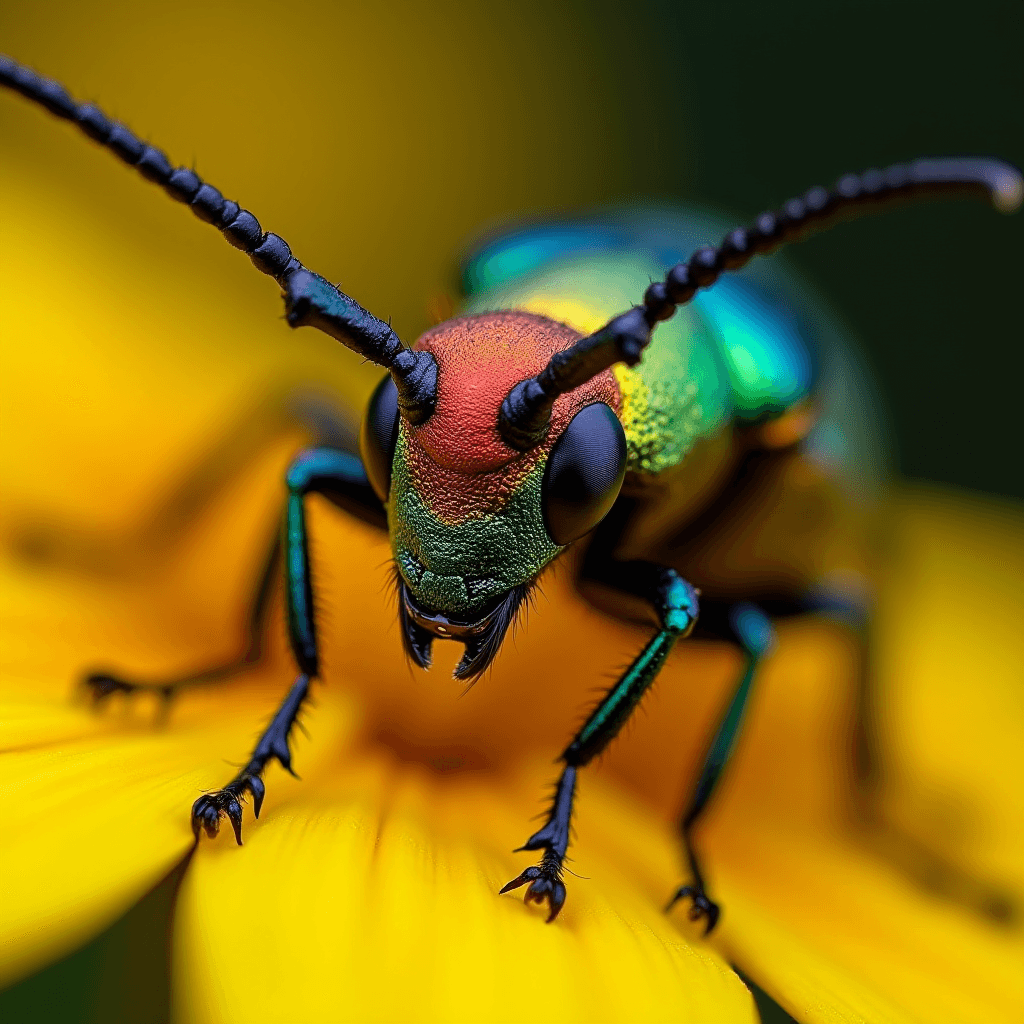 A close-up of a colorful beetle resting on a vibrant yellow flower petal.