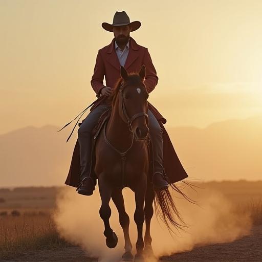 A man dressed in a cowboy outfit rides a horse during sunset. The setting includes a vast landscape with warm colors. The man has a confident posture and wears a cowboy hat.
