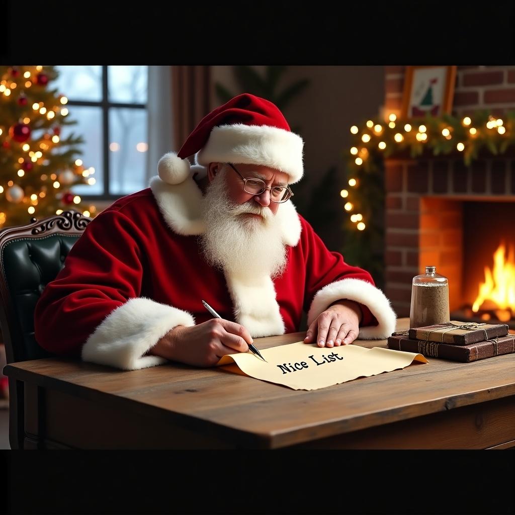 Santa is writing on a parchment labeled Nice List. The scene is warm and festive. There are Christmas decorations in the background.