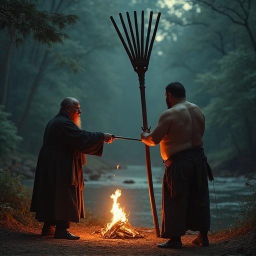Wide shot taken from behind in a dark forest near the river. An old man with a red beard points a sword to the right. A fat, shirtless man holds an old iron rake, pointing it prominently. The scene resembles a classic Chinese historical drama, emphasizing destitution and ancient setting.