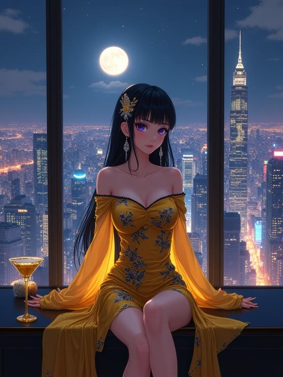 An elegant woman sits facing forward in a modern lounge setting. She has sharp violet eyes and long black hair. Adorned with silver kanzashi pins and long earrings. Dressed in a luxurious yellow gown with embroidered floral patterns. The gown has off-shoulder sheer sleeves. She sits with crossed legs by a bar counter holding a cocktail. A vibrant city skyline with a full moon glows outside the large window. The scene has a semi-anime aesthetic with dramatic lighting and romantic atmosphere.