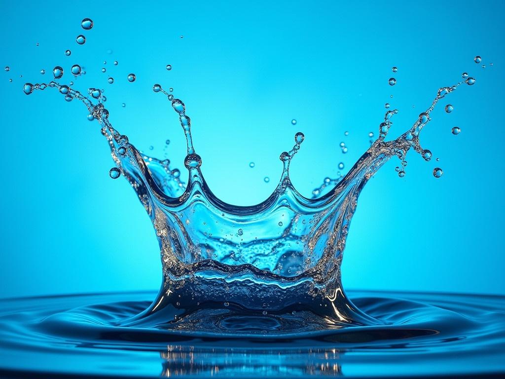 The image shows a dynamic splash of water captured in mid-air against a blue background. The water appears to be splashing upwards and outwards, creating intricate shapes that resemble a king's crown. There are droplets suspended in the air, adding a sense of movement and energy to the scene. The lighting and reflections on the water give it a crystalline appearance, making the image visually striking and interesting. This image showcases the beauty and complexity of fluid dynamics and the momentary patterns created by water in motion.