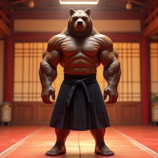Huge strong muscular bodybuilder with a bear head wears aikido kilt and black belt. Barechested with thick pecs and toned abs. Muscular feet and ankles. Standing barefoot in dojo. Brightly colored background. 4k resolution, post processing.