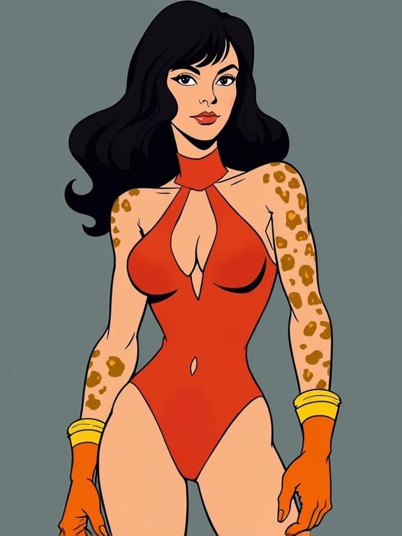 Female cartoon character with dark wavy hair. Light skin tone. Red crotchless leotard. Orange boots with gold bands. Cheetah spots on arms. Confident expression. Athletic body type. Positioned off-center. Facing forward. Bold color scheme. Gray background. Dynamic composition. Even lighting. Inspired by 1980s comic book style.