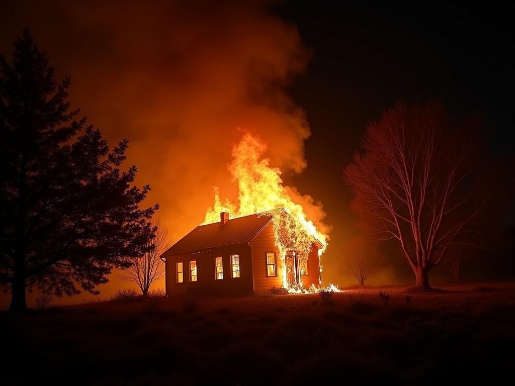 A house is engulfed in flames, with bright orange and yellow fire lighting up the dark night sky. The structure looks unstable as flames lick at the wooden beams, while thick smoke billows around it. In the foreground, silhouetted trees and shrubs create a dramatic contrast against the fiery scene. The glow of the fire casts eerie shadows on the ground, indicating the intensity of the heat. It appears to be a very dangerous situation, and the fire creates a sense of urgency and chaos in the atmosphere.