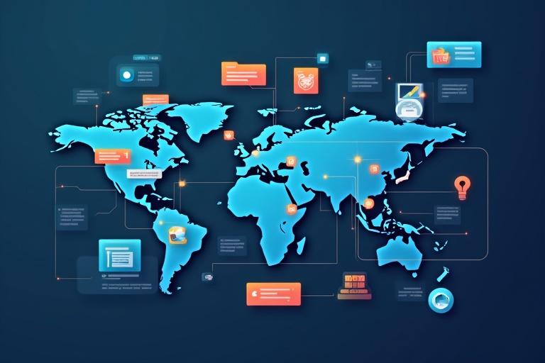 A stylized world map highlighting communication and data management. The map features various icons representing Conversational AI and software integration. Key regions have notifications and messages.