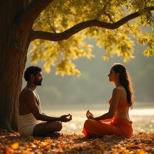 Autumn-shaded banyan grove with falling golden leaves. A woman meditates topless under a banyan tree. She wears a saffron dhoti and a translucent halter-style bikini blouse. A calm man in a sacred thread and white veshti sits opposite her. They share a silent spiritual connection as the wind flows between them.