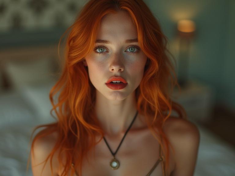 Cinematic masterpiece featuring a beautiful woman with jade eyes and red lips. Long red hair frames her pale face. Dressed in a sensual futuristic outfit in a stylish bedroom. Subject shows deep disappointment and astonishment. Focus on beauty, elegance, and capturing her entire figure from head to toe.