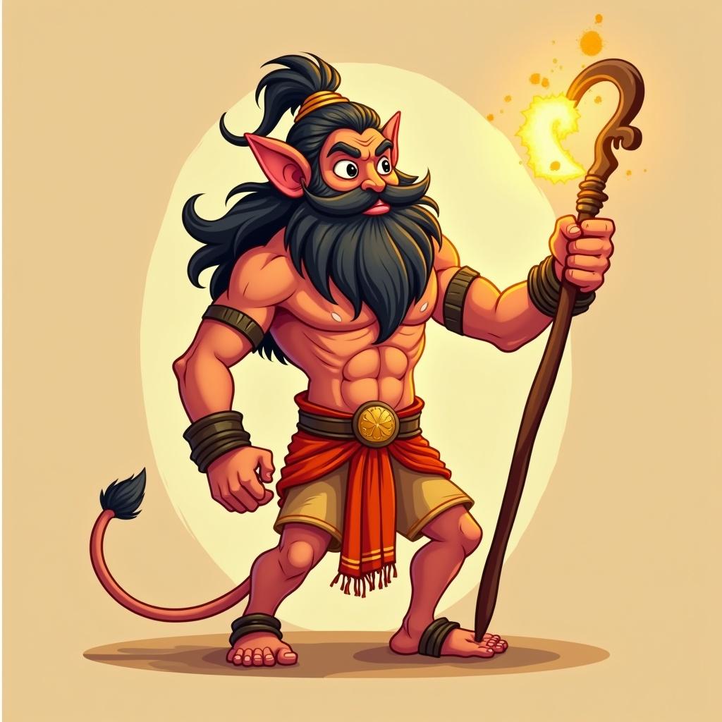 This image features a cartoon character inspired by Hanuman from the legendary Indian epic Ramayana. He is depicted with a muscular build and a long beard, symbolizing strength and valor. The character holds a staff that glows with an enchanting light, emphasizing his mythical aura. His attire is traditional, featuring a vibrant orange dhoti and accessories that highlight his divine nature. The background is simple, drawing attention to the character's formidable presence and playful design.