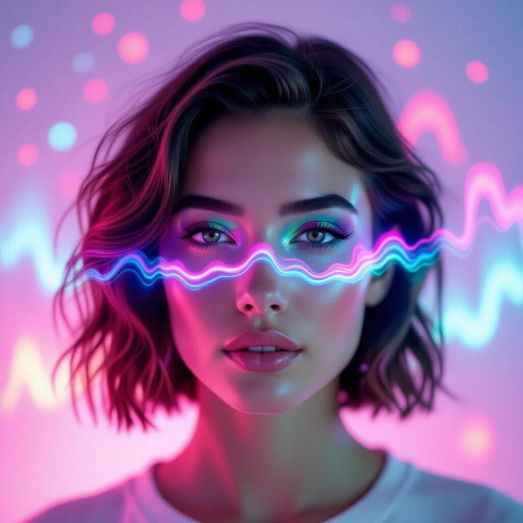 Close-up of a person with vivid close-up lighting in pink and teal. Showcase a double exposure effect with aurora borealis flowing through as liquid color. Abstract geometric glitches pulse in the background for a surreal effect.