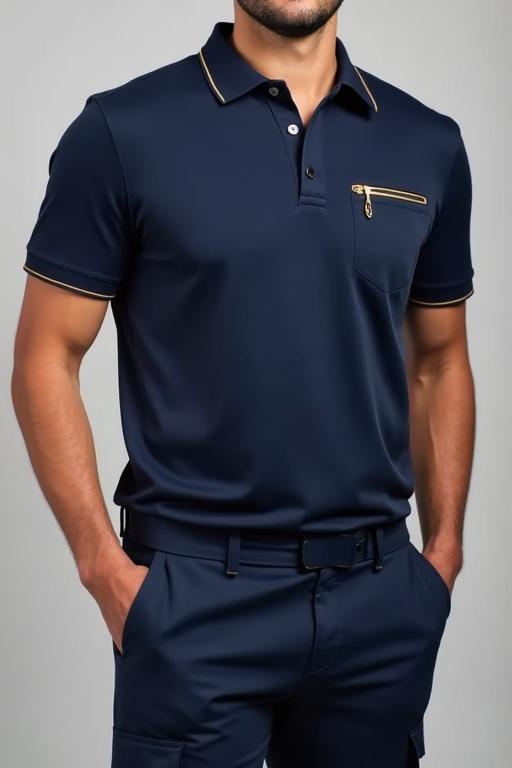 Full body image of a man in a fitted dark blue polo shirt featuring a front pocket and gold zipper accent. The man is paired with tailored dark blue pants, designed with multiple utility pockets, ideal for luxury hotel staff attire.