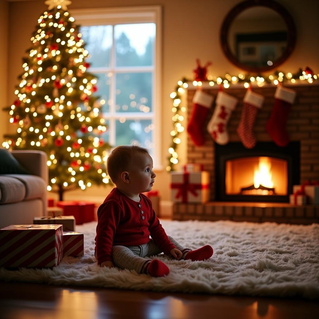 Cozy Christmas scene with a decorated tree, presents, and a child sitting on the floor by the fireplace