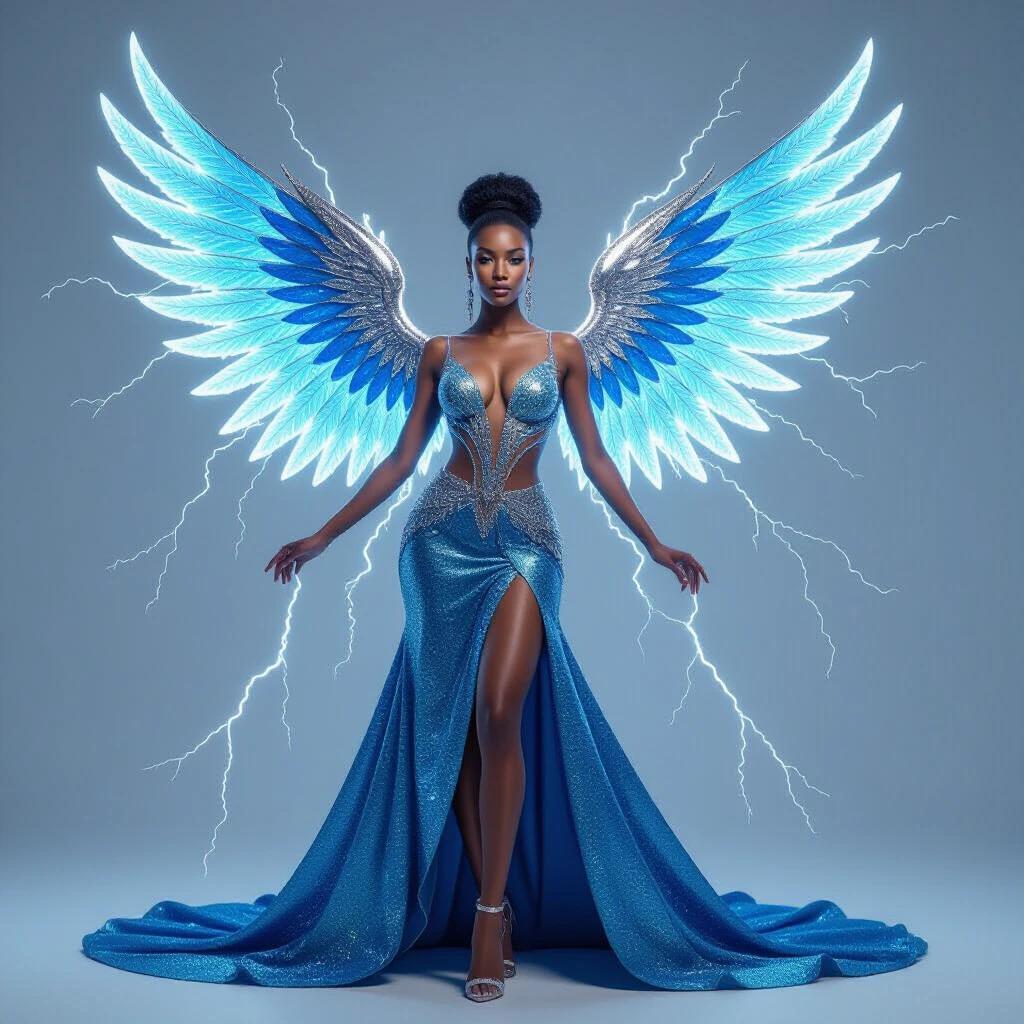 A majestic figure stands confidently. She has illuminated wings that shine in blue. The outfit is glittering and elegantly designed. The expression is calm yet powerful. The wings have glowing accents with a lightning effect. The background is soft and neutral. The pose emphasizes her stance and the flowing train of her gown. The image blends fantasy and fashion, creating an enchanting dynamic.