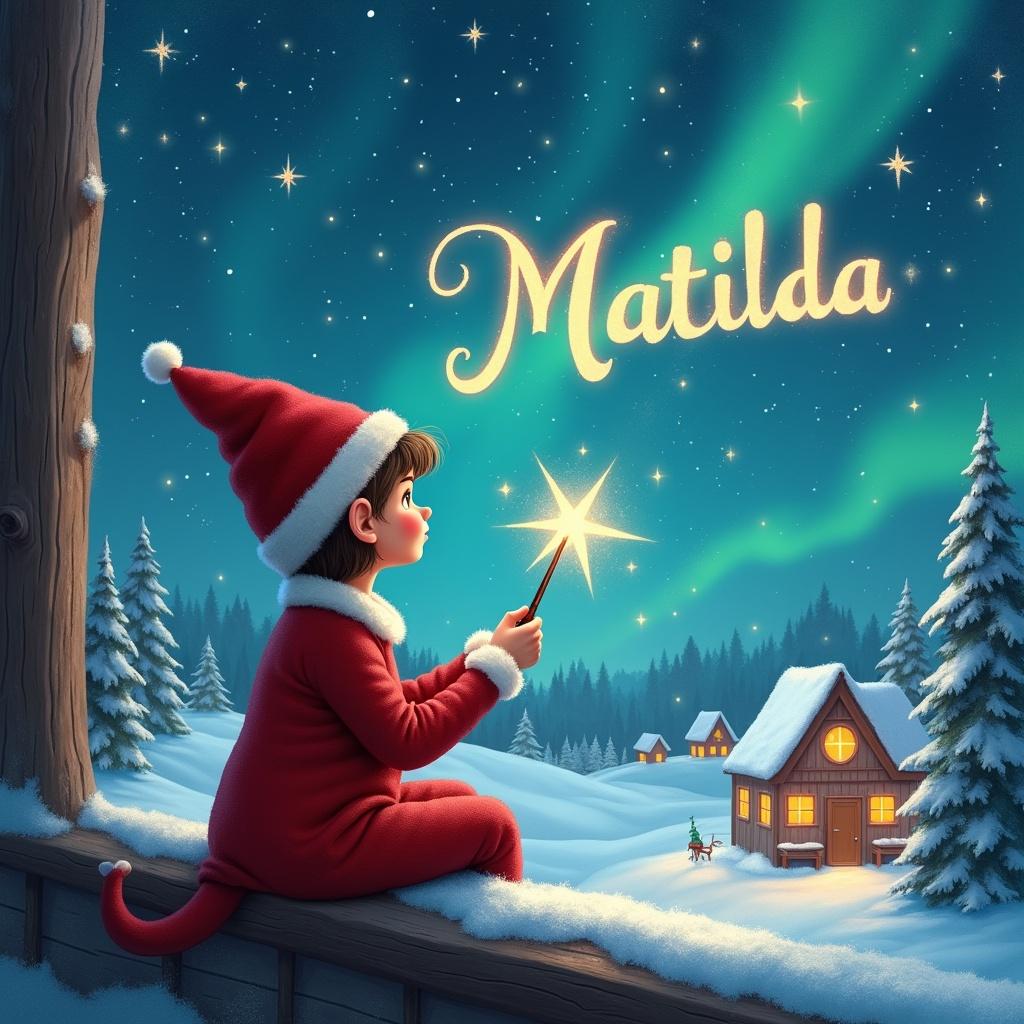 An adorable elf sits on a wooden ledge, gazing in wonder at a magical sky filled with shimmering Northern Lights. Dressed in a festive red outfit with a pointed hat, the elf holds a sparkling wand. With joy, the elf writes the name 'Matilda' in the starry sky. The enchanting scene features a snowy landscape, charming little houses, and evergreen trees that create a cozy atmosphere. To enhance the magic, the elf also elegantly writes, 'I am so excited to see you Elijah' in the celestial sky. This whimsical depiction captures the warmth and spirit of childhood magic and Christmas cheer.