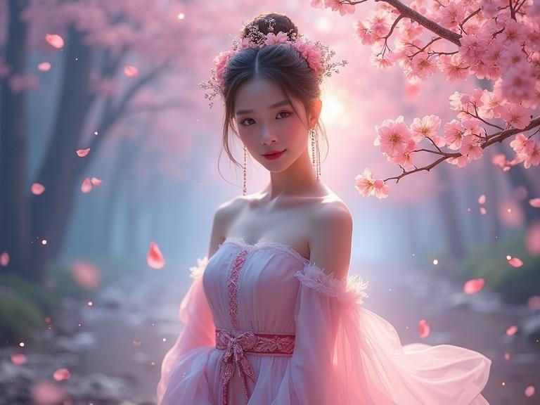 A beautiful Chinese woman faces the viewer. Dressed in an elegant sleeveless off-shoulder Ruqun Hanfu. Delicate features softly lit. Intricate floral hair accessories atop a hair bun. Stands gracefully in an ethereal dreamscape. Warm blush-pink nebula clouds and deep sapphire cosmic energy. Luminous cherry blossom petals and stardust drift around her. Vivid soft-pink and cosmic-blue colors highlight the scene. Untouched nature in the background suggests adventure.